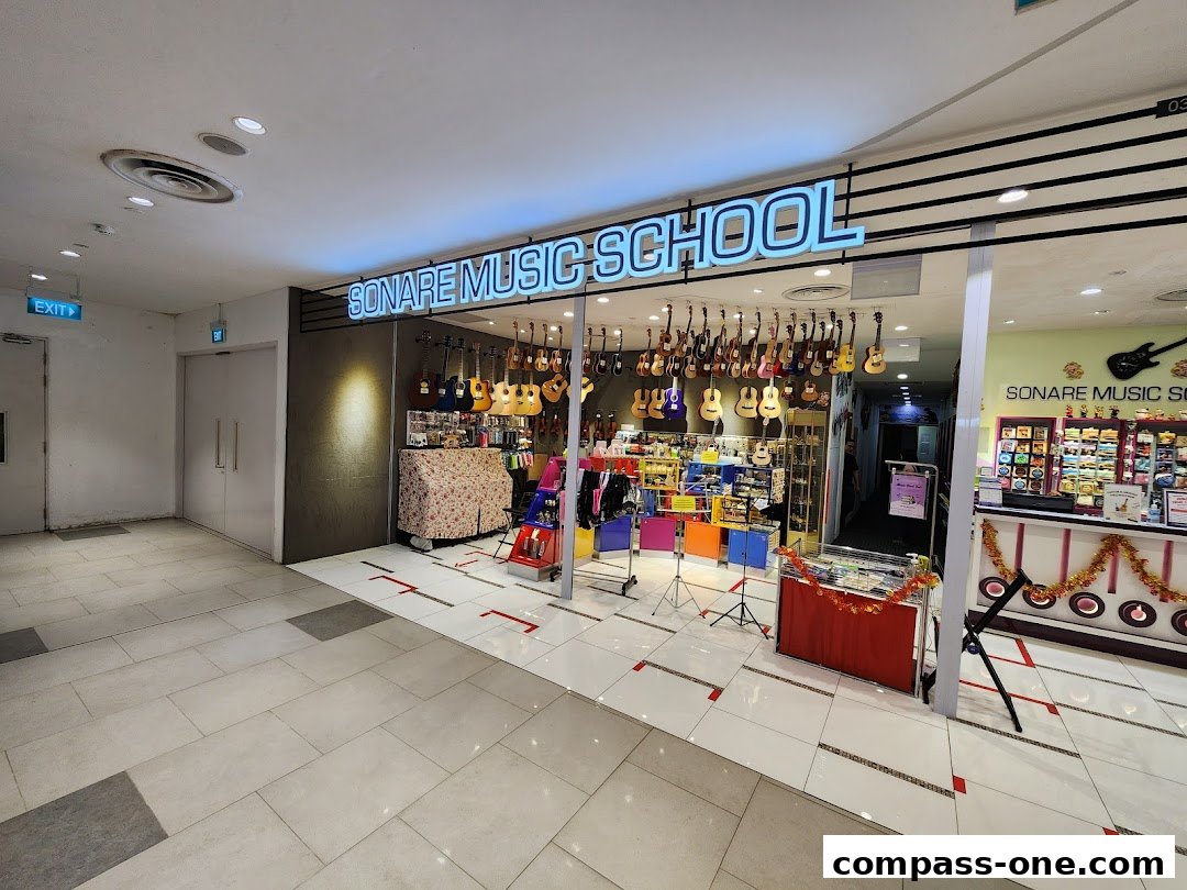 The entrance to Sonare Music School, showcasing guitars and music accessories.