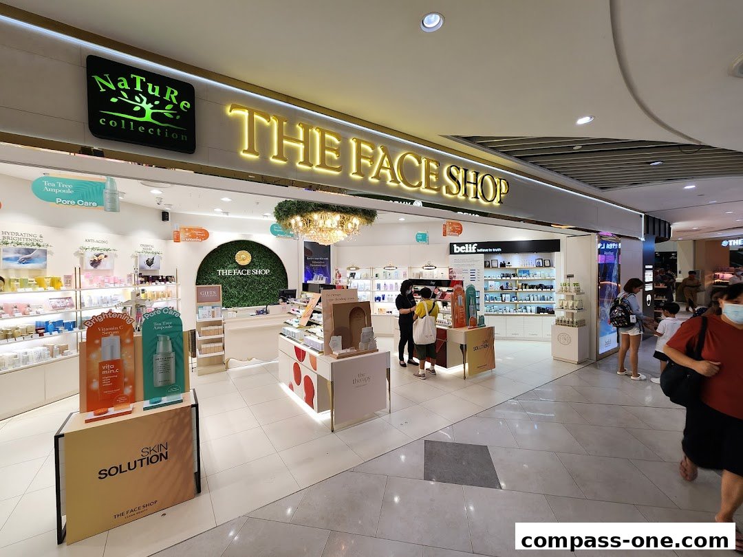 The interior of a well-lit beauty store showcasing various skincare products and displays.