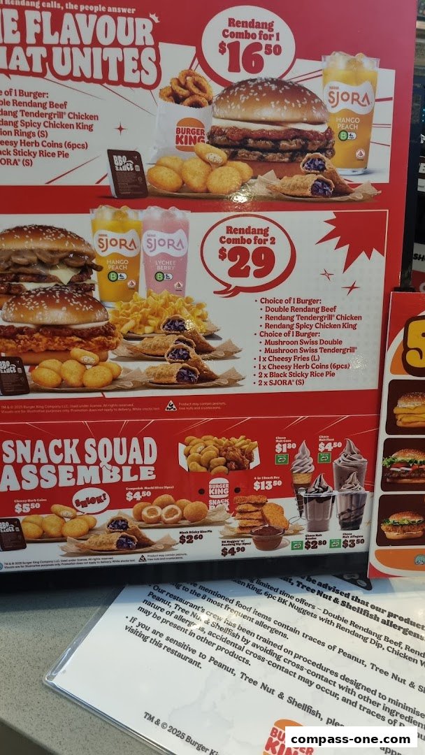 A Burger King menu featuring Rendang combos, snack items, and drinks.