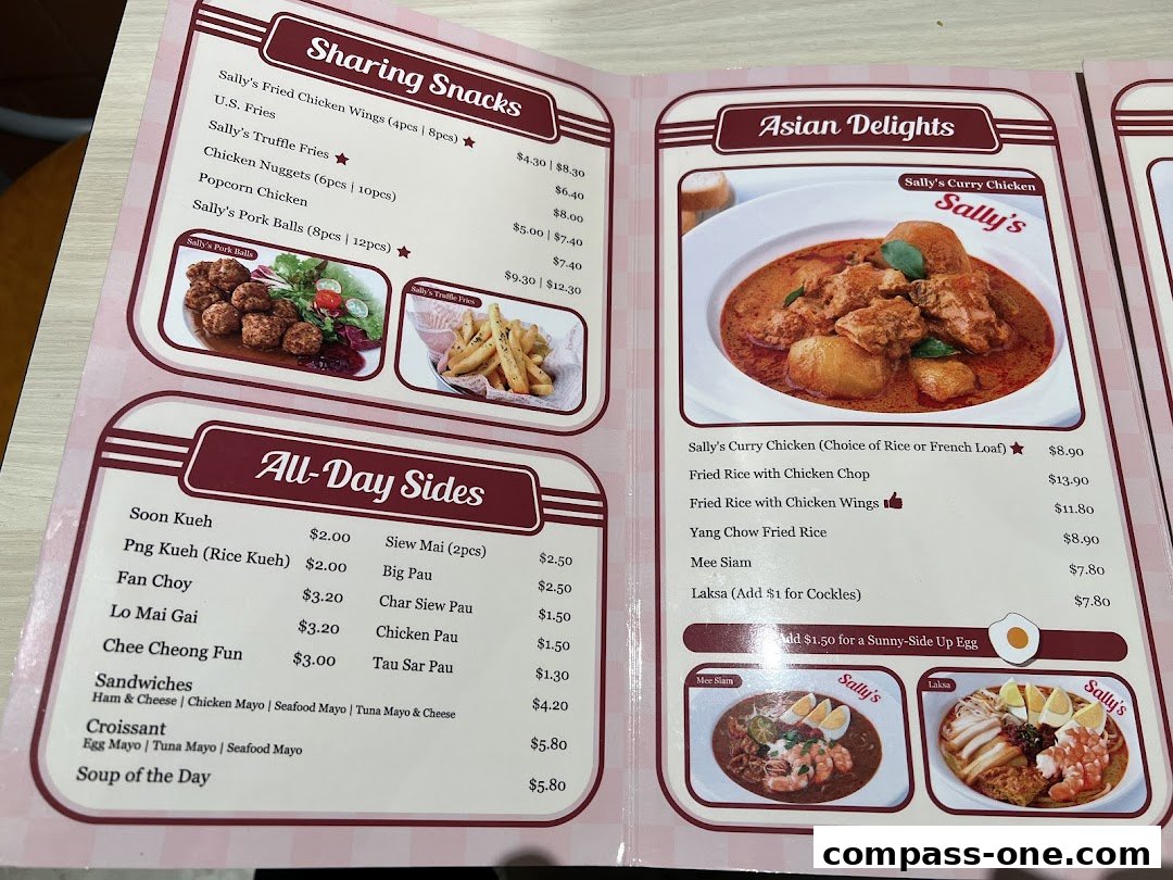 A menu from Sallys Compass One featuring sharing snacks, Asian delights, and all-day sides.
