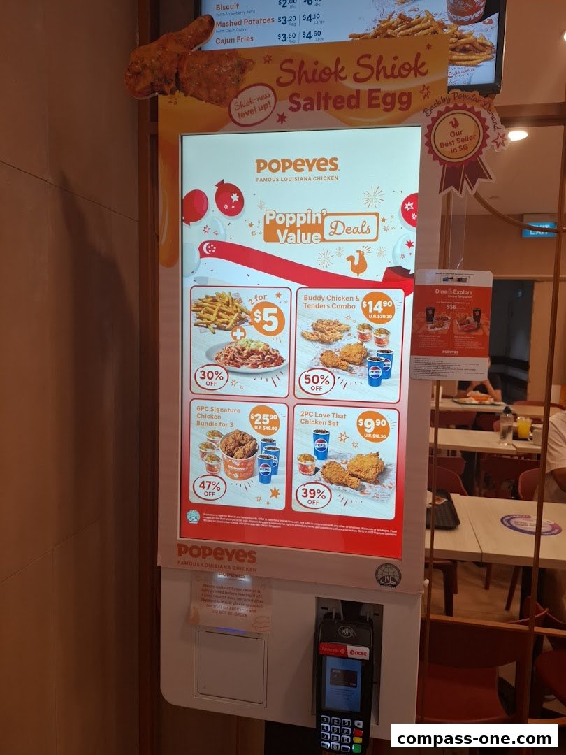 A digital menu board at Popeyes displaying various chicken meal deals and combos.