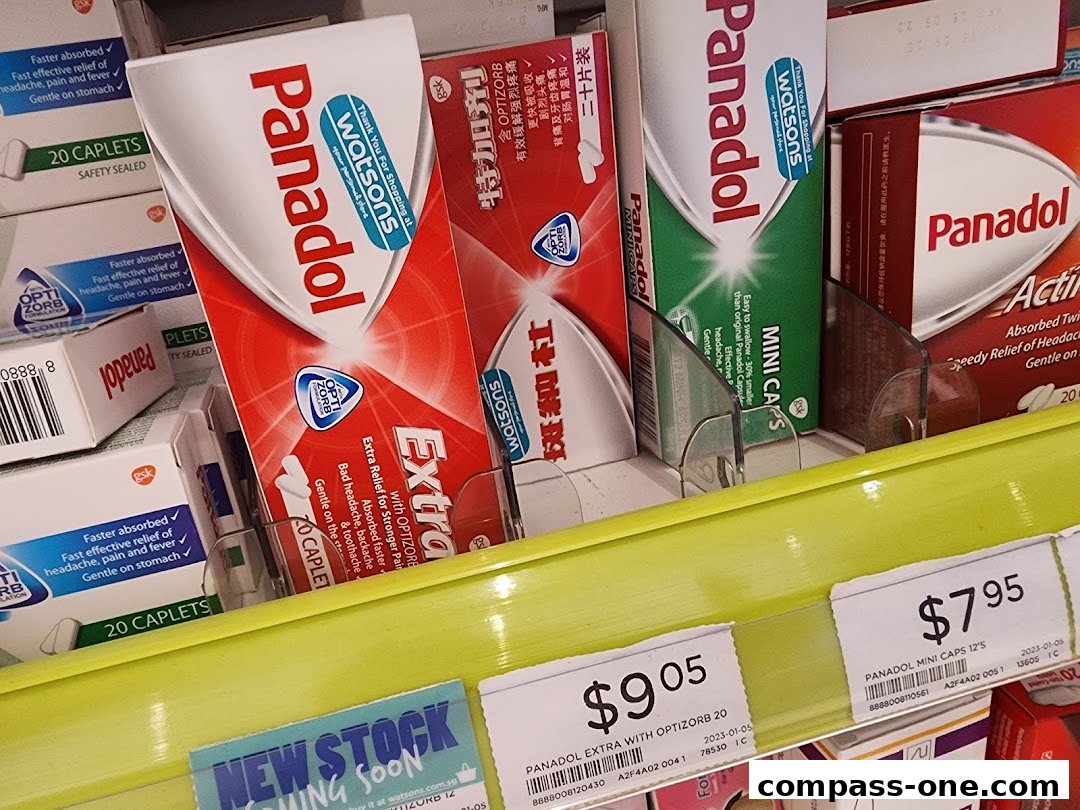 A close-up shot of various Panadol products displayed on a shelf at Watsons.
