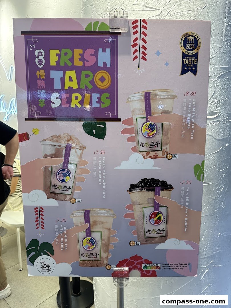 A menu poster showcasing the 'Fresh Taro Series' with various taro milk tea and oat milk drinks.