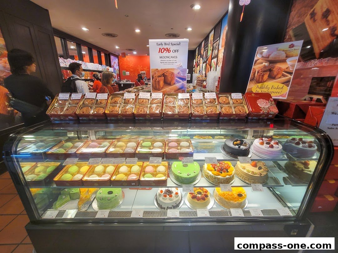A display case filled with various cakes and pastries, with mooncakes and a special offer sign in the background.