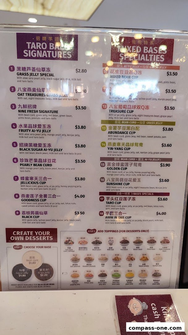 A menu for Nine Fresh Desserts Taiwan featuring Taro Ball Signatures and Mixed Bases Specialties.