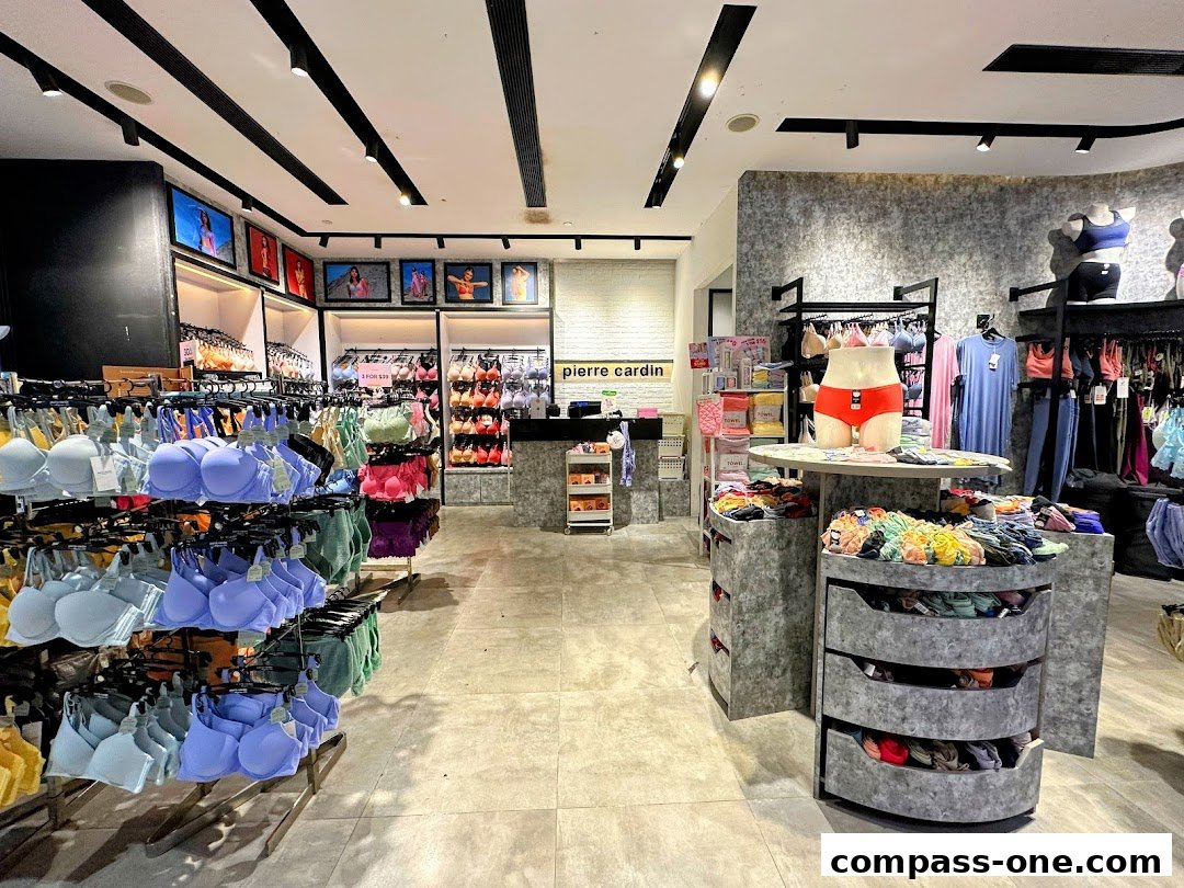 Interior view of a Pierre Cardin Lingerie store showcasing a wide selection of bras and other intimate apparel.