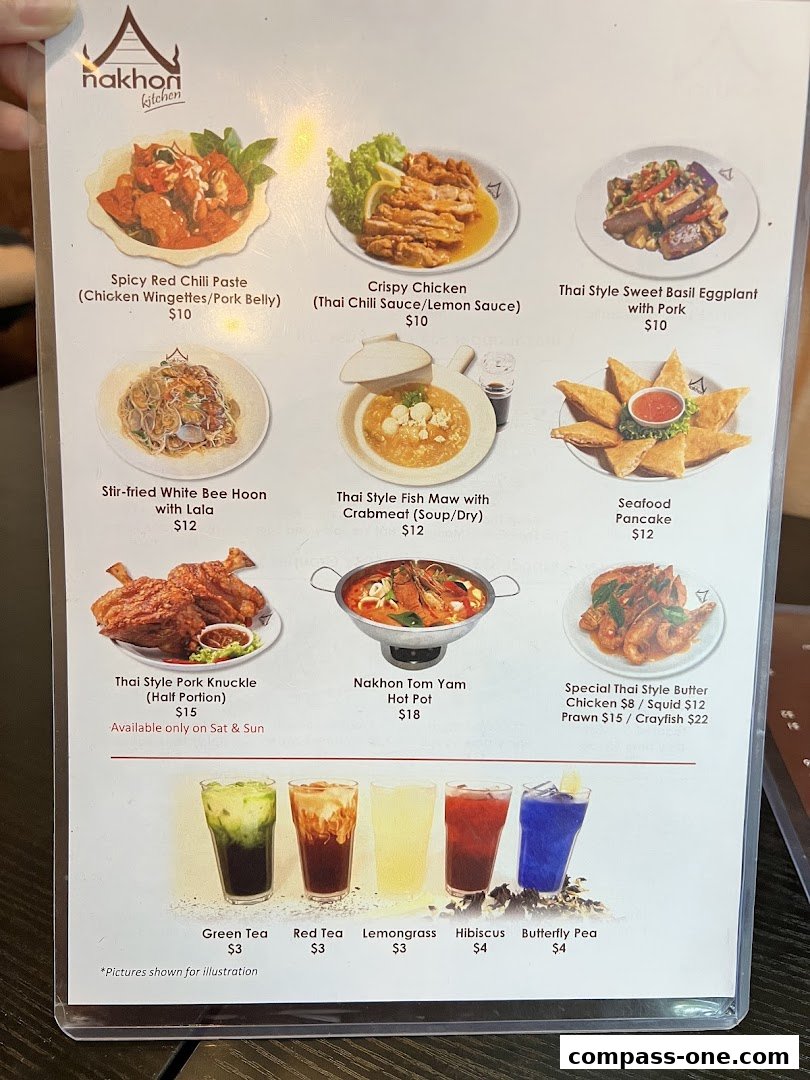 A menu from Nakhon Kitchen featuring various Thai dishes and drinks with prices.