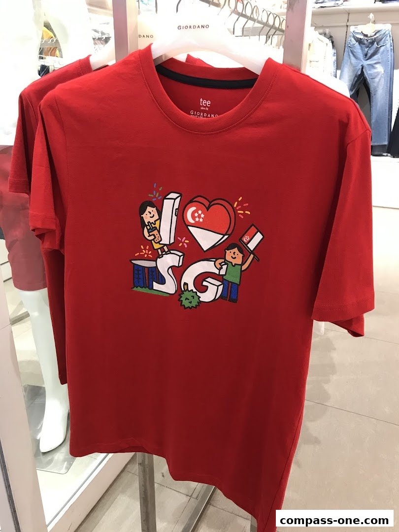 A red Giordano t-shirt with an "I Love SG" graphic featuring cartoon characters and the Singapore flag.