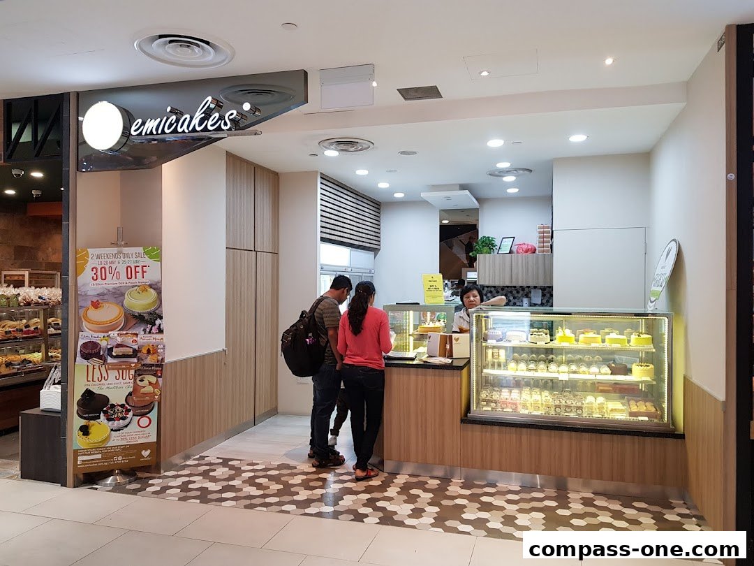 A couple is ordering cakes at a brightly lit Emicakes shop with a display of various cakes.