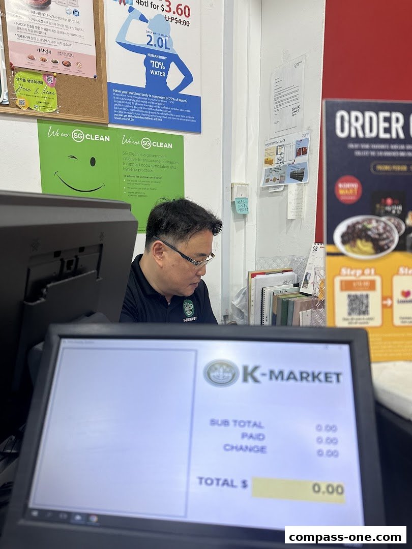 A man wearing a K-Market shirt works at a counter with a POS system displaying zero balance.