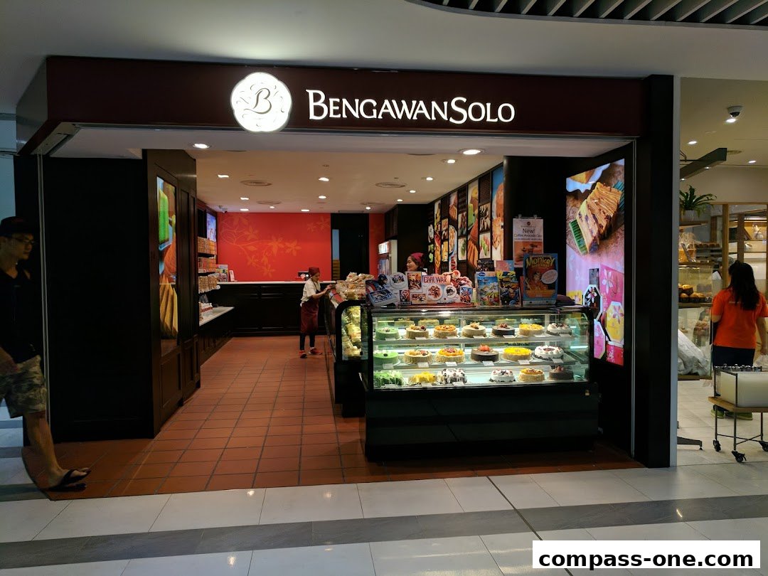 The entrance of Bengawan Solo, a bakery showcasing a display of cakes and pastries.