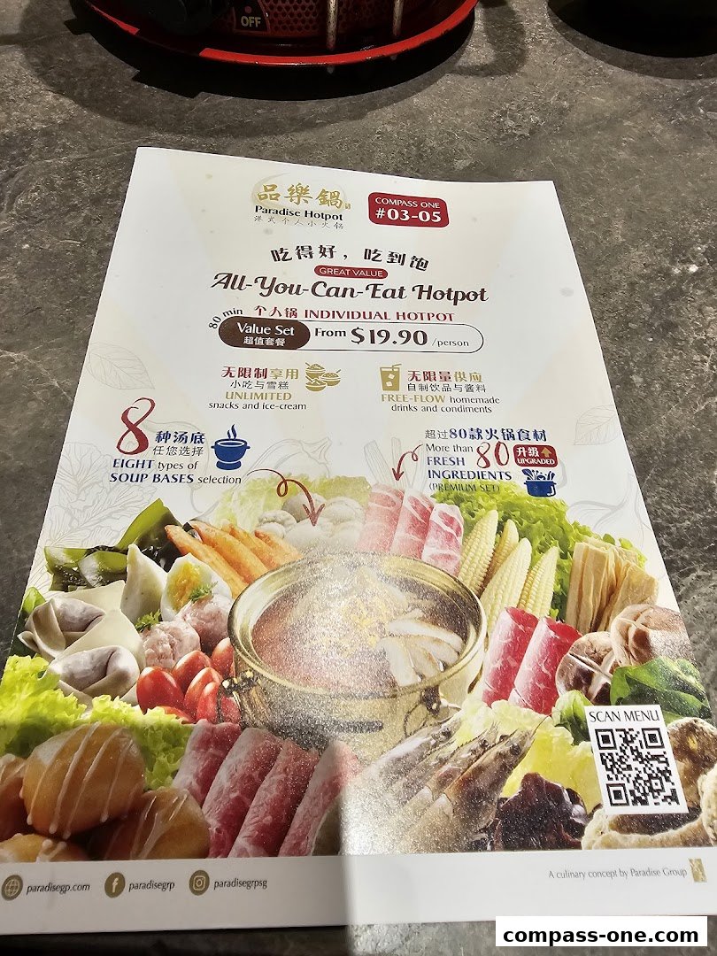 A menu for Paradise Hotpot featuring an all-you-can-eat individual hotpot.