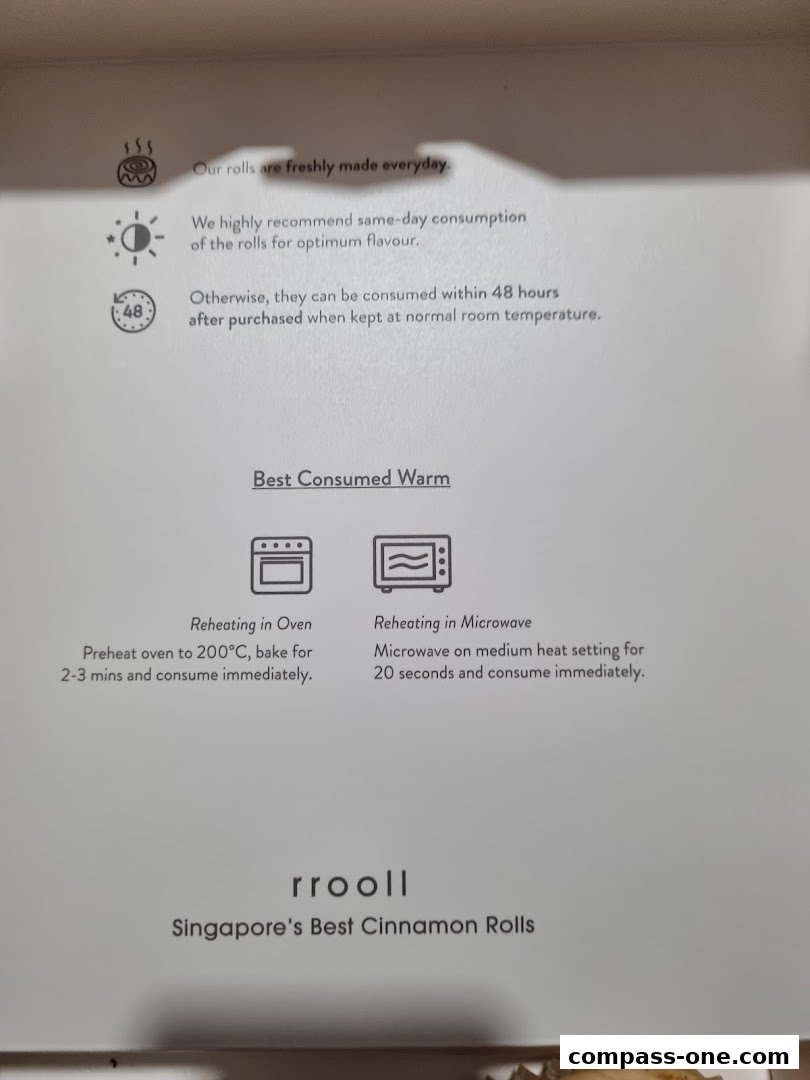 Instructions for consuming and reheating rrooll cinnamon rolls.