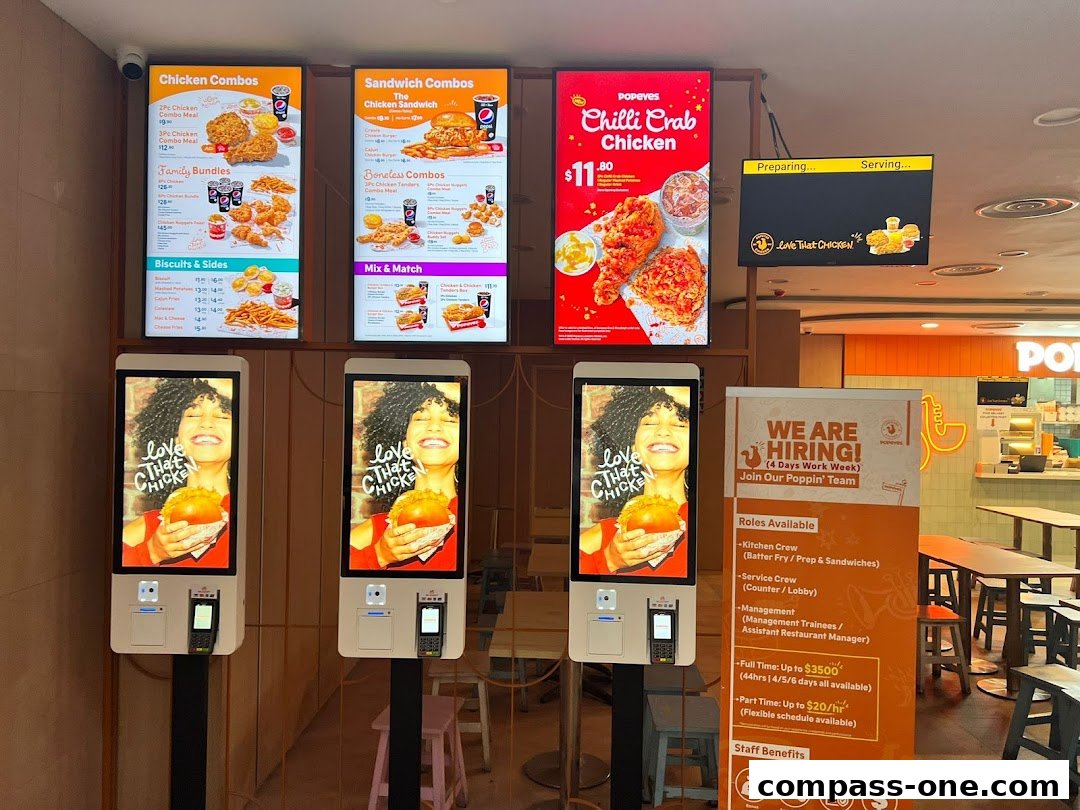 Digital menus and self-order kiosks at a Popeyes restaurant, with a hiring poster visible.