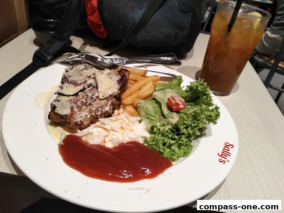 A plate of steak, fries, coleslaw, and salad with a drink at Sally's.