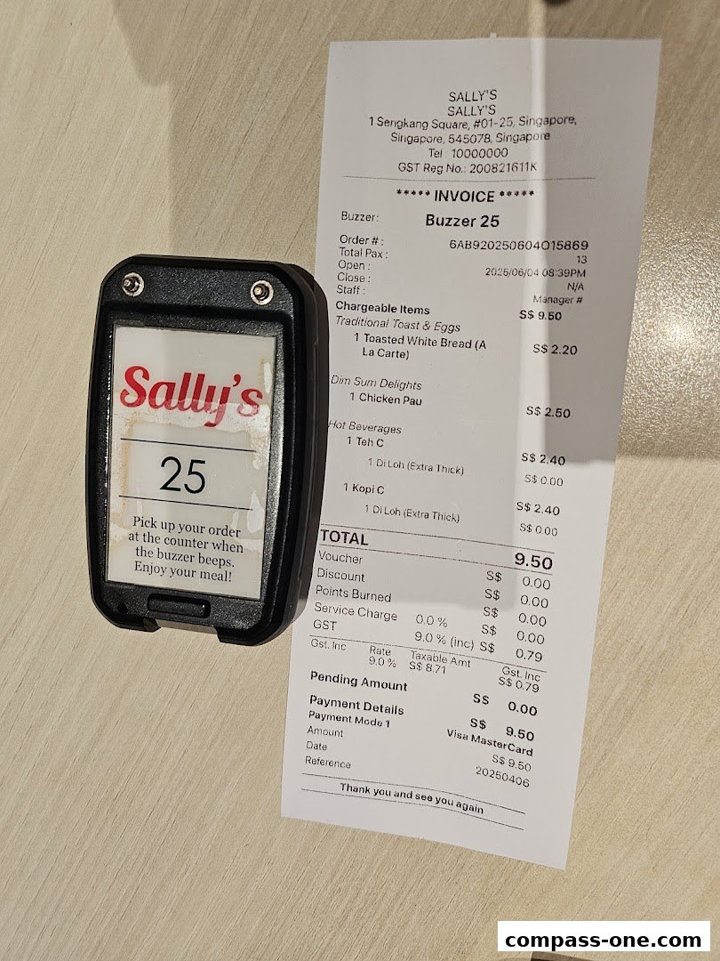 A receipt and a customer pager from Sally's restaurant.