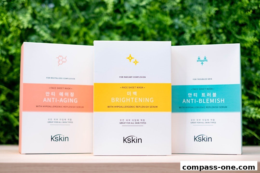 Three Kskin Korean Express Facial sheet mask boxes: Anti-Aging, Brightening, and Anti-Blemish.