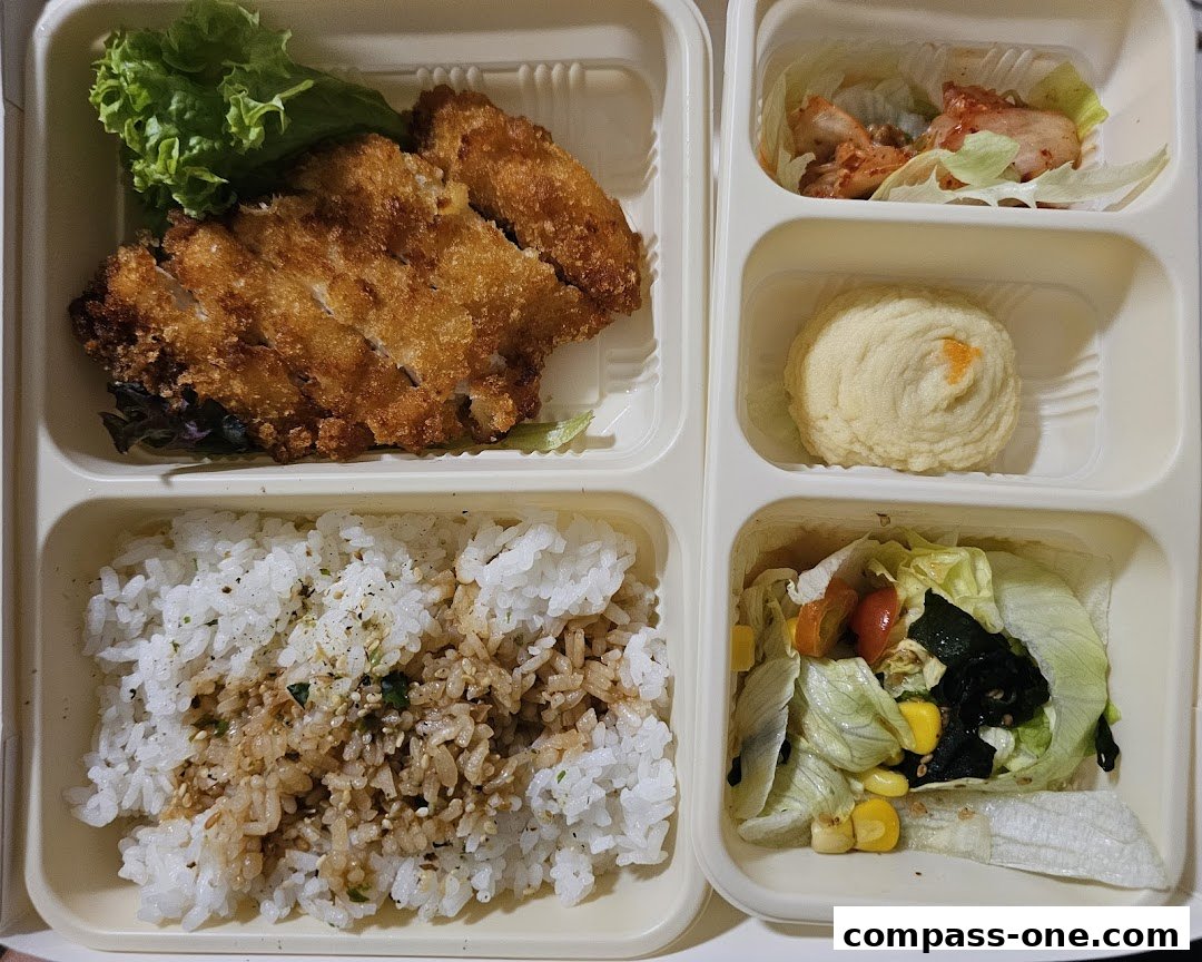 A bento box with fried chicken, rice, mashed potatoes, and salad.