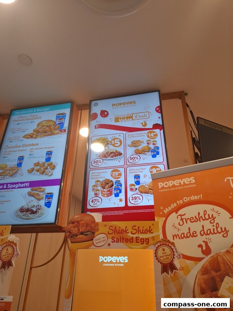 Digital menus displaying Popeyes' chicken sandwiches, combos, and special deals.