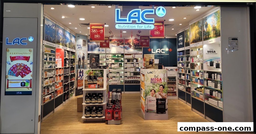 The brightly lit interior of LAC Nutrition for Life, showcasing shelves stocked with health supplements and promotional displays.