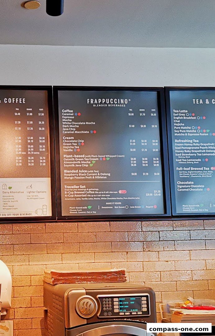 A menu board displaying various Starbucks Frappuccino, coffee, tea, and chocolate beverages with prices.