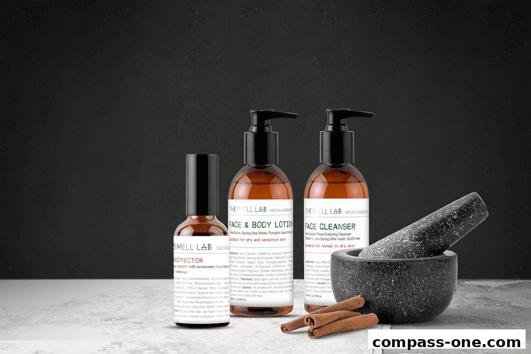 Three bottles of skincare products from The Smell Lab with a mortar and pestle and cinnamon sticks.