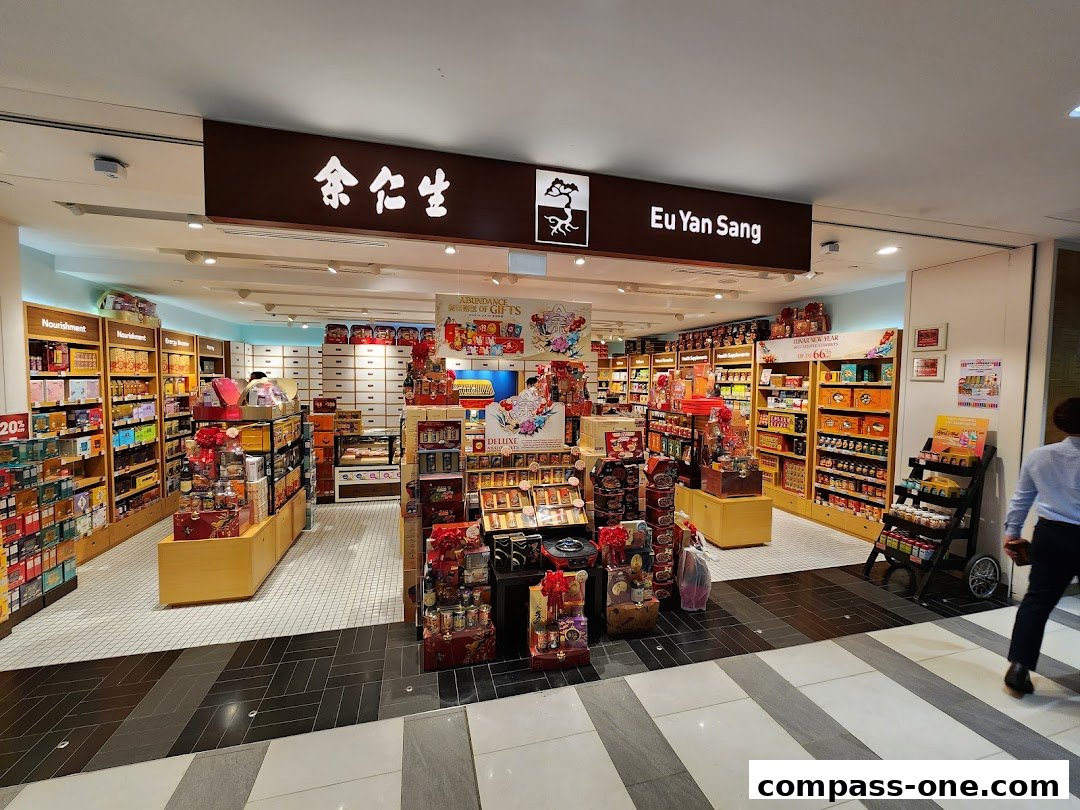 Interior view of the Eu Yan Sang shop showcasing a wide array of health products and gift sets.