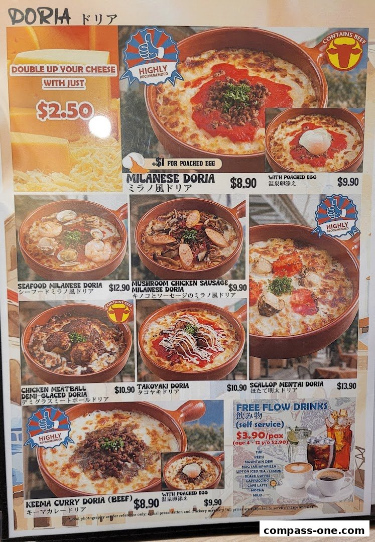 A menu showcasing various Doria dishes with prices and descriptions, plus a free flow drinks offer.