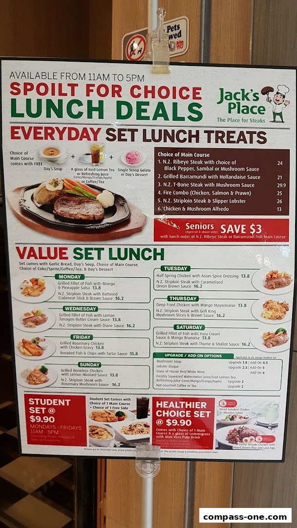 A menu board for Jack's Place featuring lunch deals, set menus, and student specials.