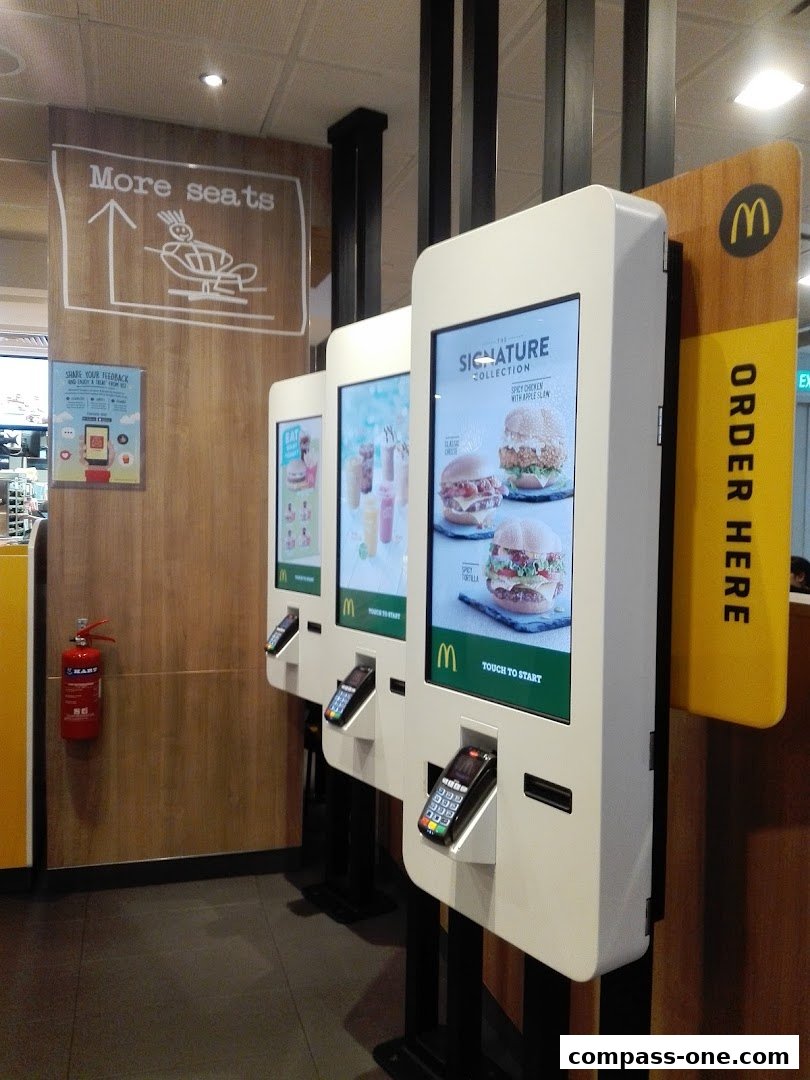 Self-order kiosks at McDonald's featuring signature collection burgers and drinks.