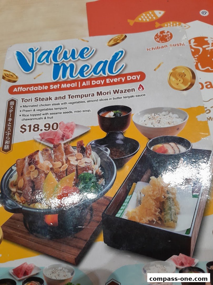 A menu featuring Ichiban Sushi's Value Meal, a Tori Steak and Tempura set.