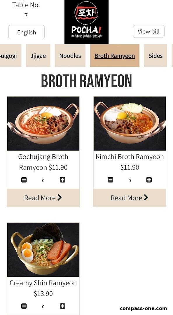 A digital menu displaying various Korean Ramyon dishes with images and prices.