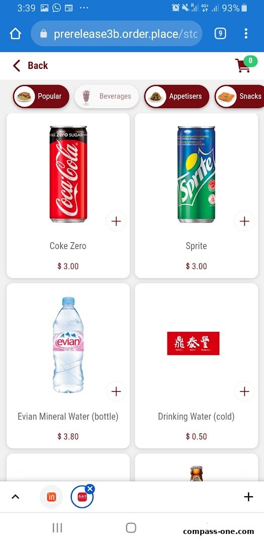 A screenshot of a mobile menu displaying beverages and drinks from Din Tai Fung.