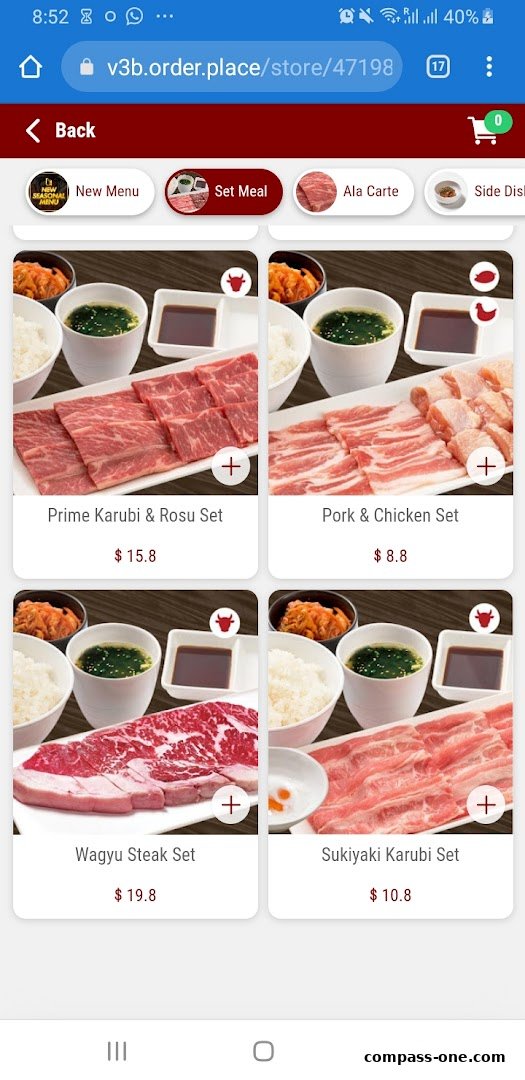 A mobile screen displaying a menu of Japanese yakiniku sets with prices.