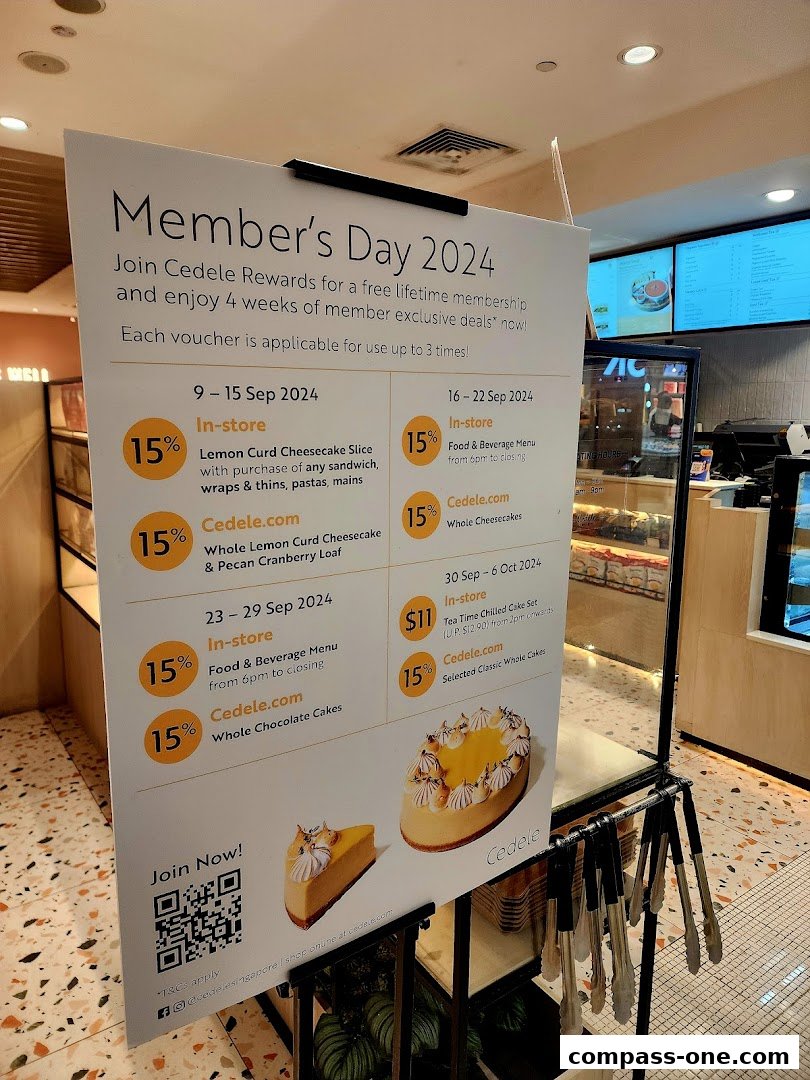A sign advertising Cedele's Member's Day 2024 with various discounts and offers.