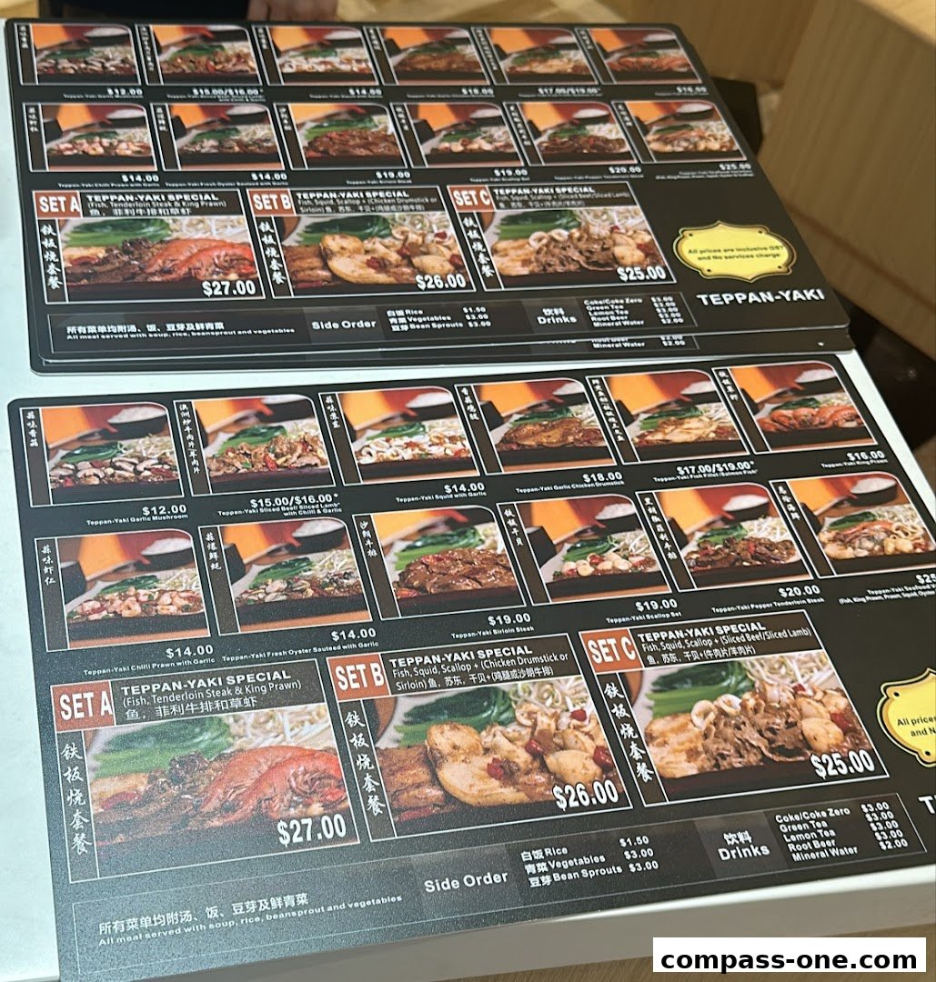 A menu for Teppan-Yaki specials with various set meals and side orders.