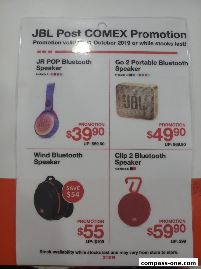 A promotional flyer for JBL Bluetooth speakers with prices and discounts.