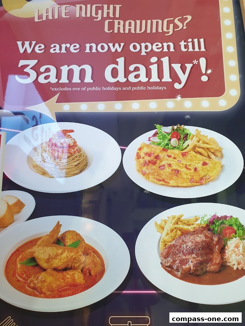 A display of four different dishes, advertising late-night dining until 3 am.