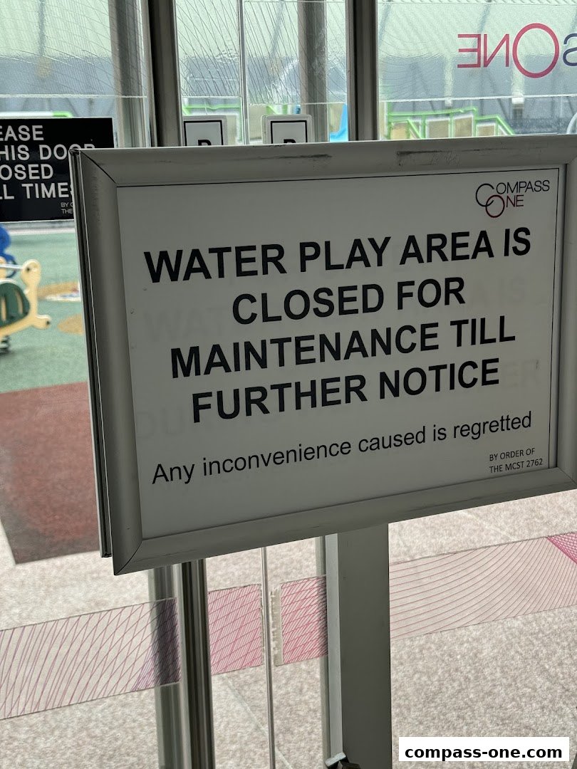 A sign indicates the Water Play Area is closed for maintenance.