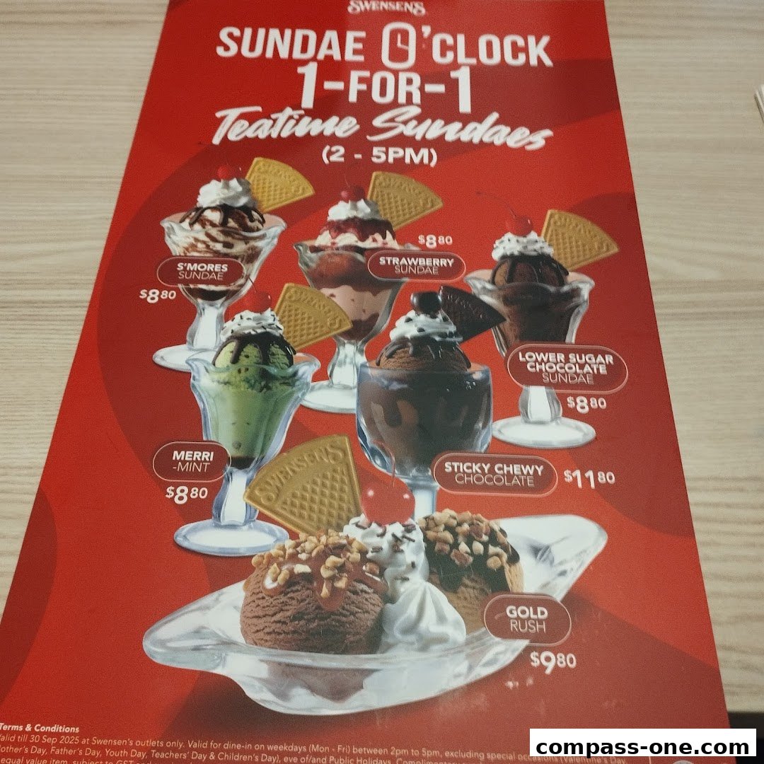 A menu featuring Swensen's Sundae O'Clock 1-for-1 Teatime Sundaes with various flavors.
