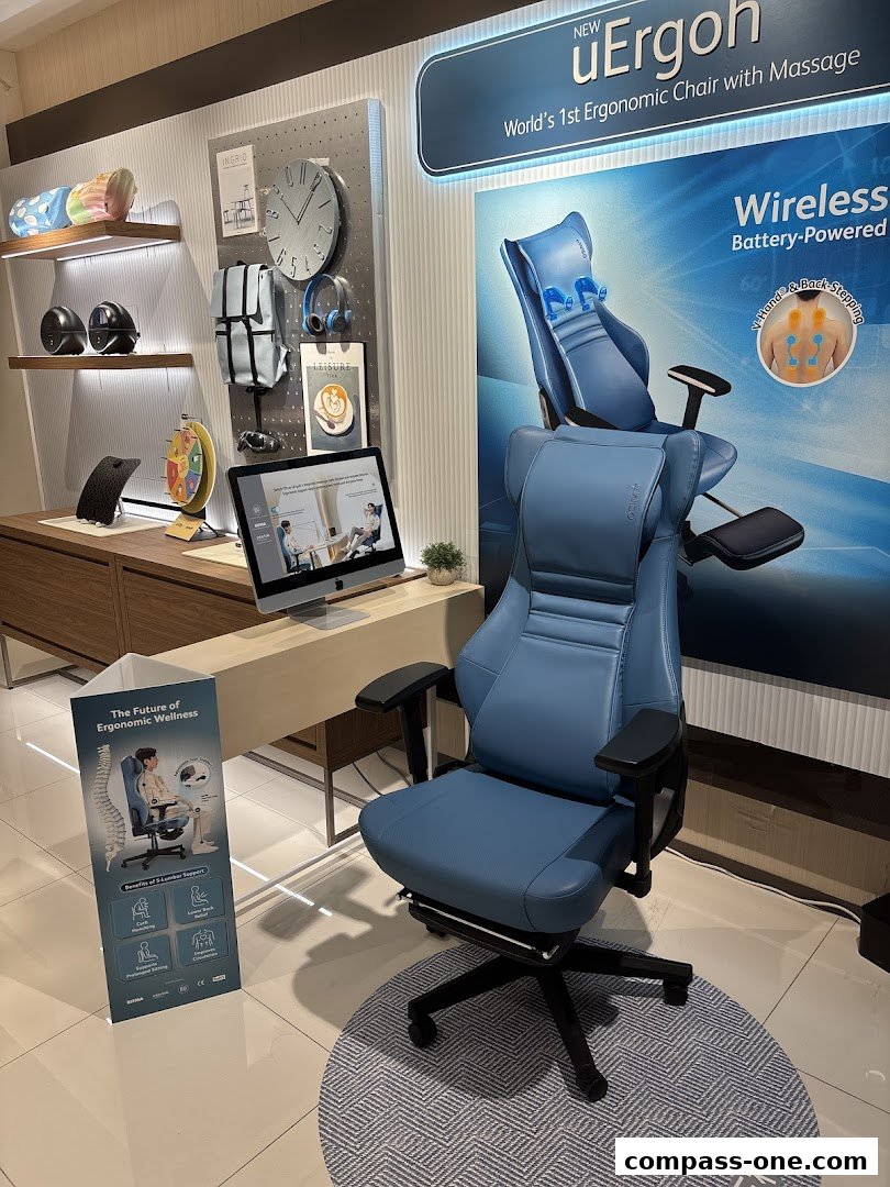 A blue ergonomic chair with massage features is displayed in a retail store.