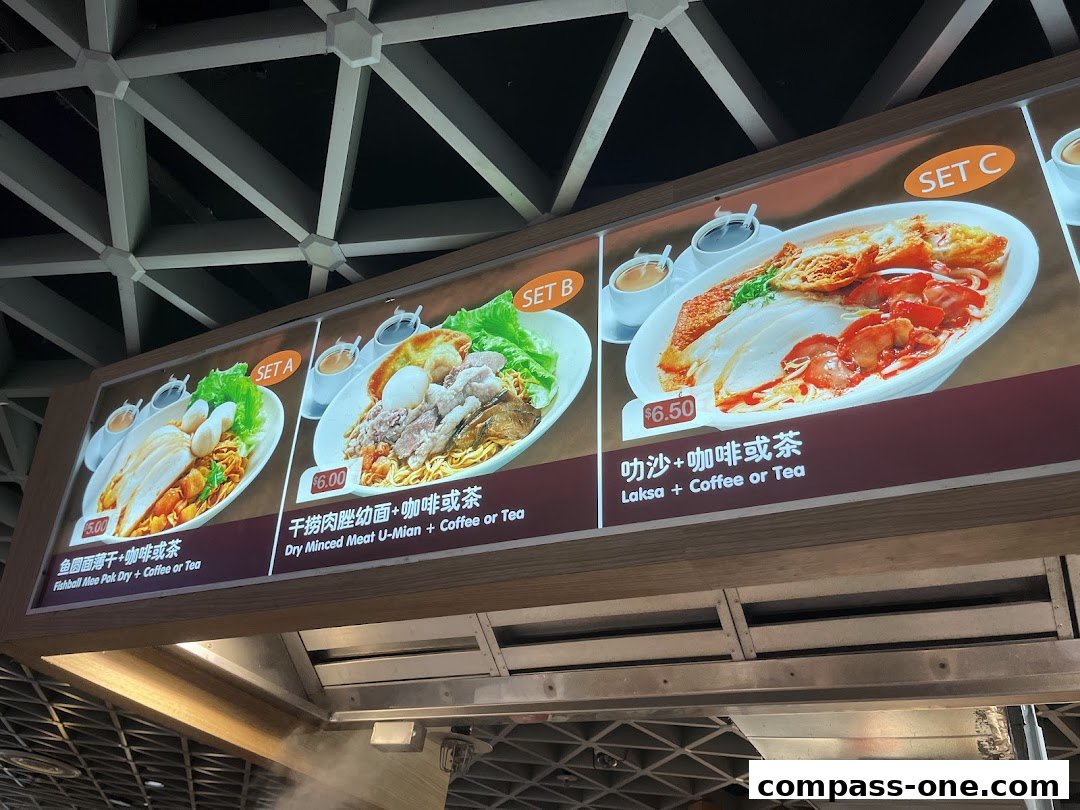 A brightly lit menu board displaying three sets of Asian noodle dishes with drinks.