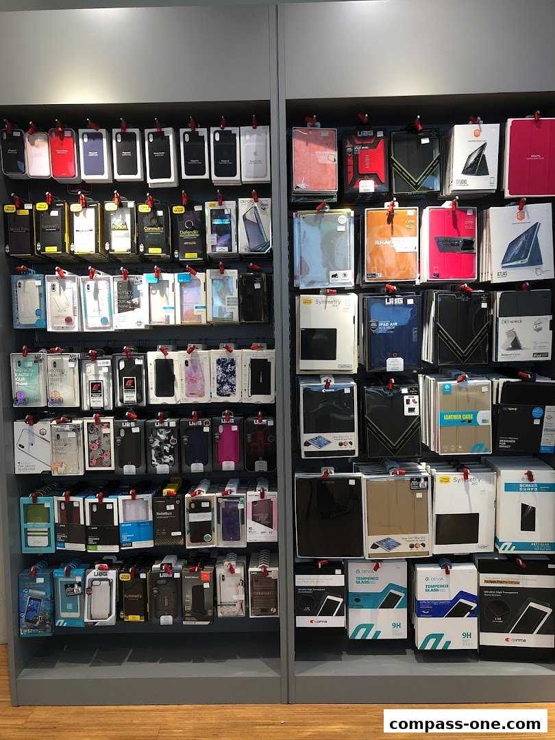 A display wall showcasing a wide variety of phone and tablet cases and screen protectors.
