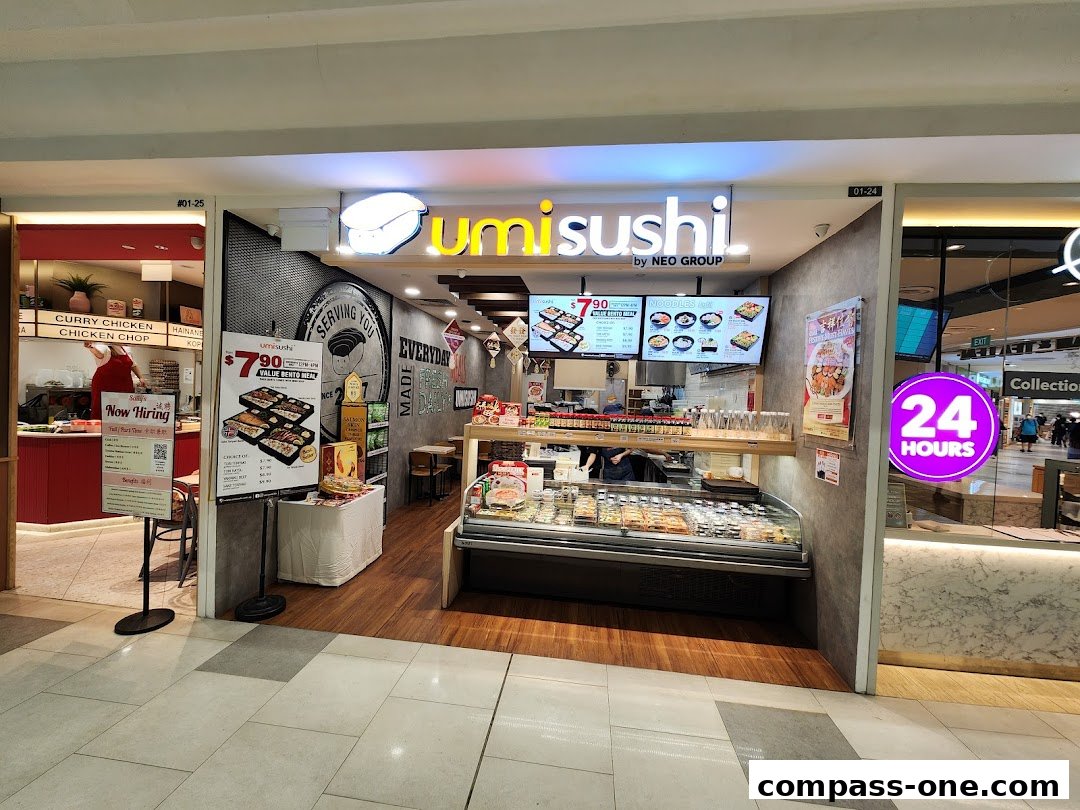 The exterior of an Umi Sushi restaurant with a display of sushi and a menu board.