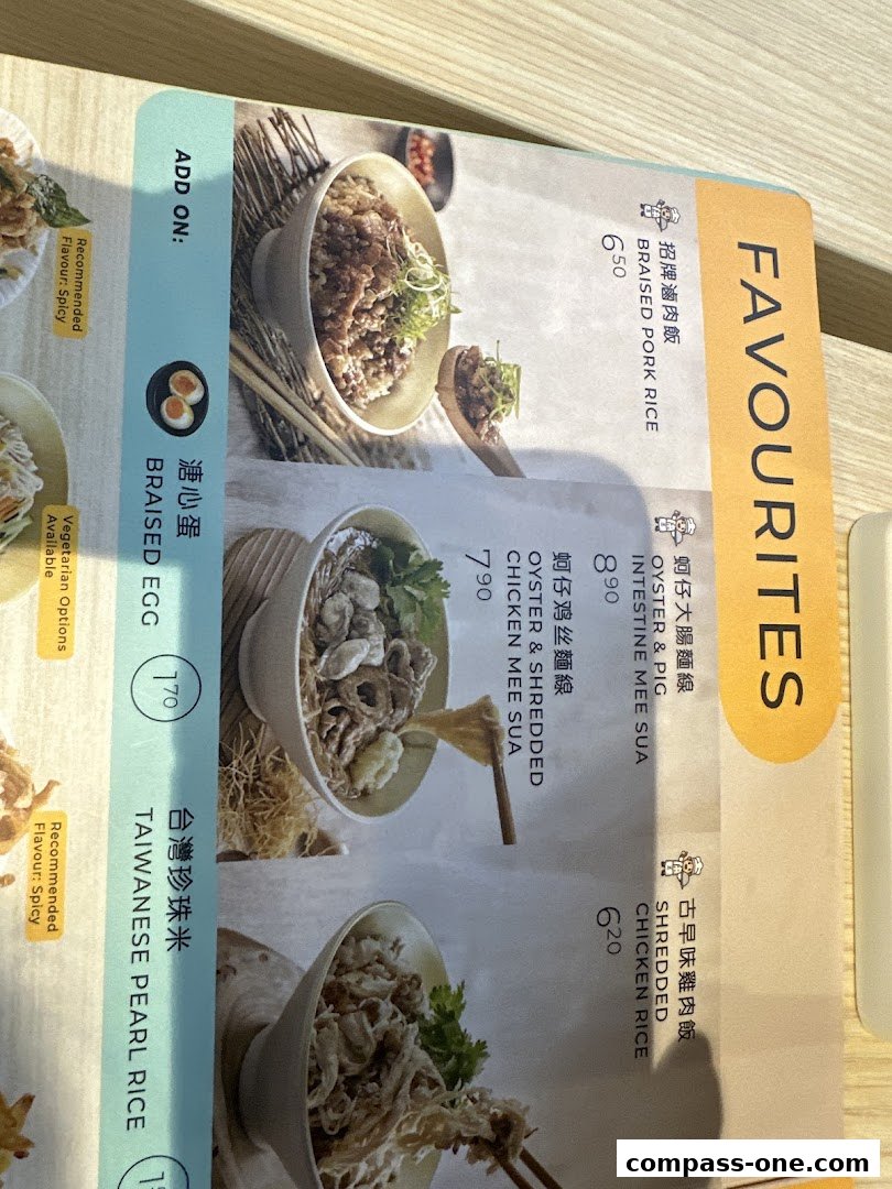 A menu featuring popular dishes like braised pork rice and oyster mee sua.