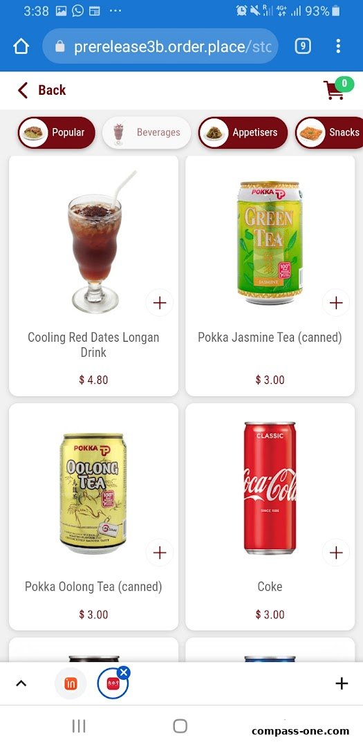 A screenshot of a mobile ordering interface showing various beverages and snacks.