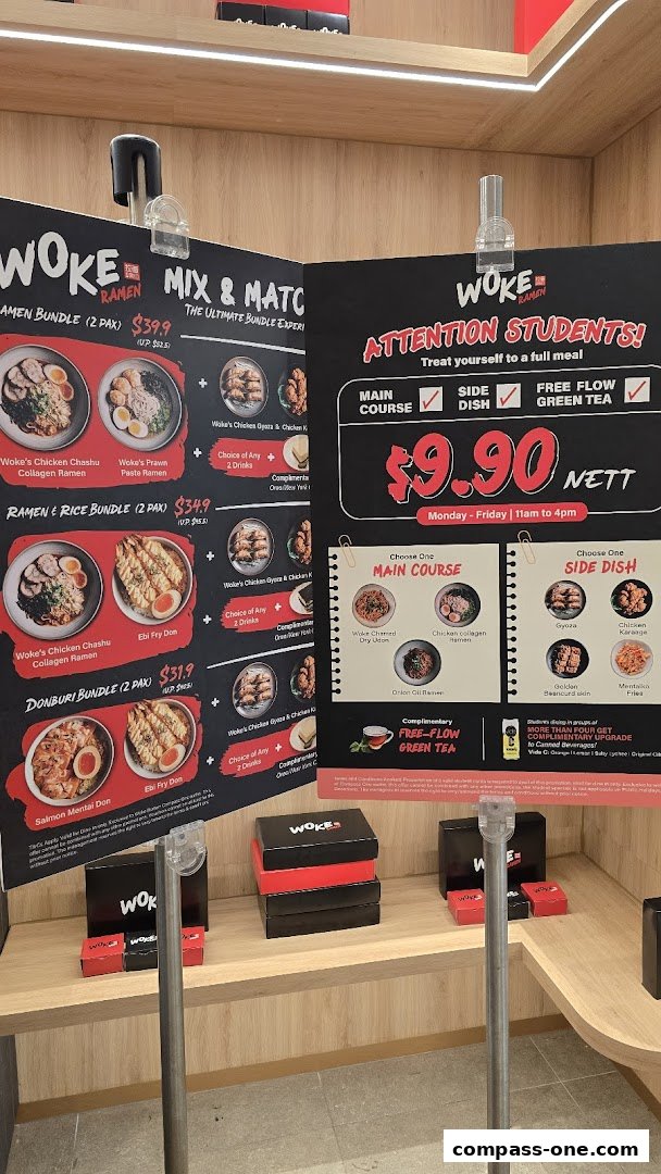 A display of Woke Ramen's menu, featuring bundle deals and a student promotion.