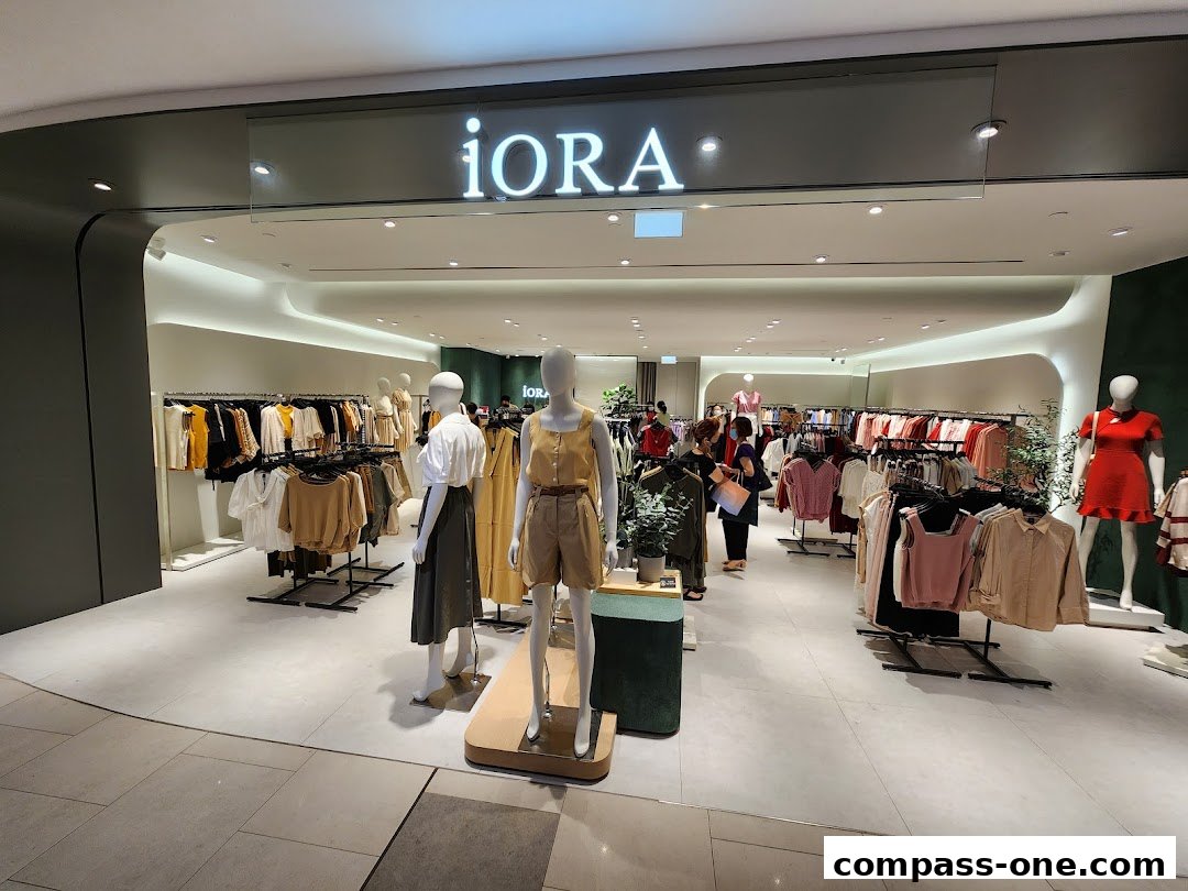 The iORA shop features a well-lit interior with mannequins displaying fashionable clothing and racks of apparel.