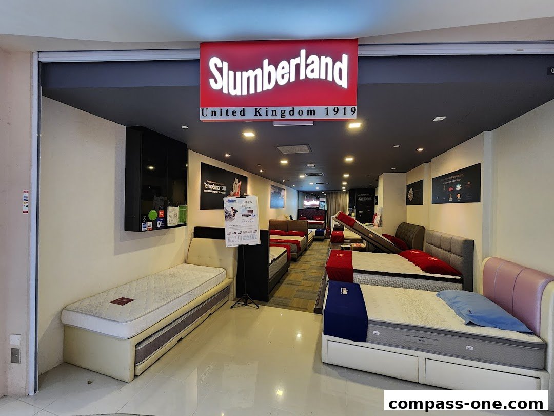 Interior view of a Slumberland bedding store showcasing various mattresses and bed frames.