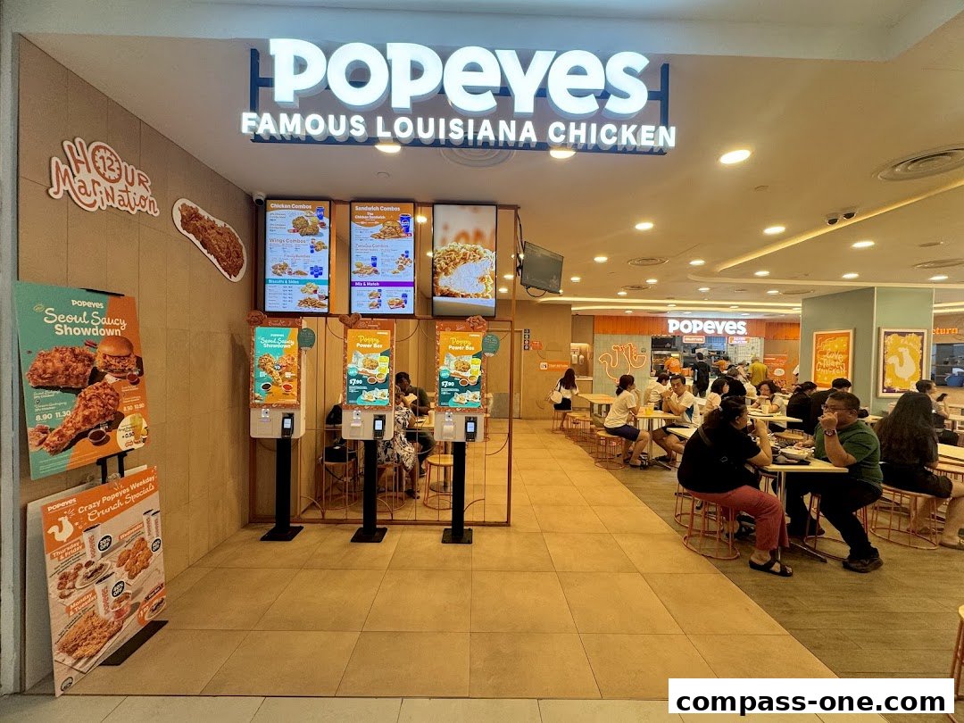 The exterior of a Popeyes restaurant with digital menus and promotional posters.